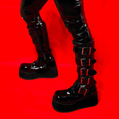 Black Patent Leather Round Toe Wedge Heel Platform Knee High Boots