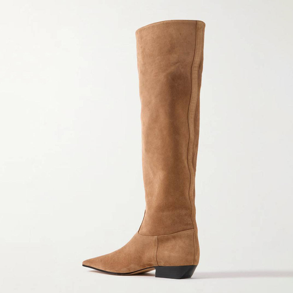 Khaki Vegan Suede Chunky Heel Knee High Boots with Square Toe