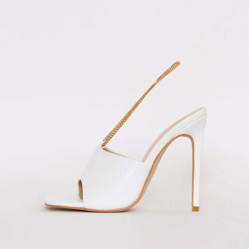 White Snakeskin Square Toe Chain Embellished Mule Heels