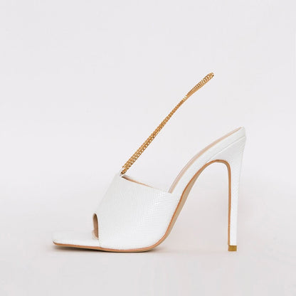 White Snakeskin Square Toe Chain Embellished Mule Heels