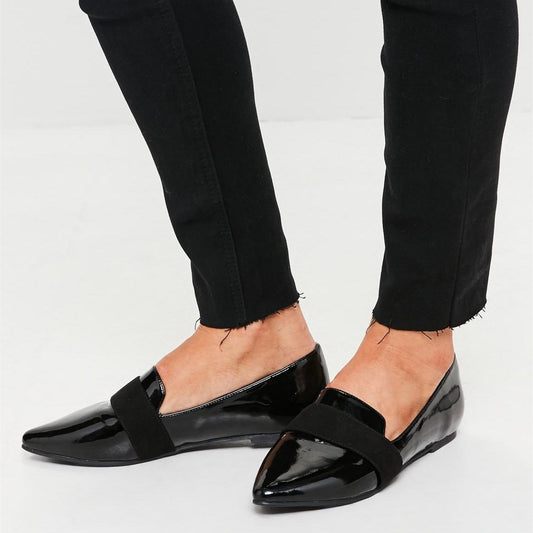 Black Patent Leather Flats Pointed Toe Elastic Strap Women's Loafers