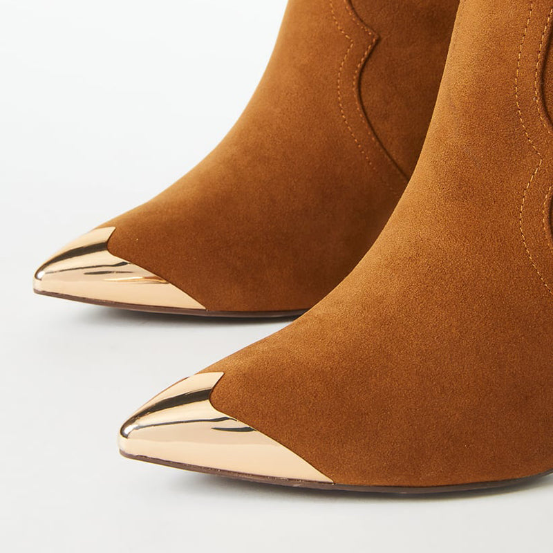 Brown Vegan Suede Zipper Metal Toe Stiletto Heel Knee High Boots