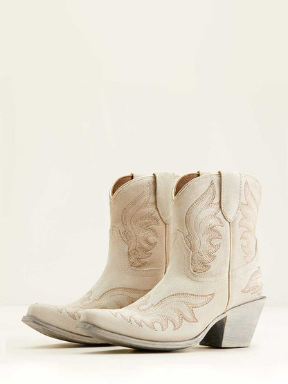 White Faux Suede Snip Toe Embroidered Block Heel Cowgirl Ankle Boots
