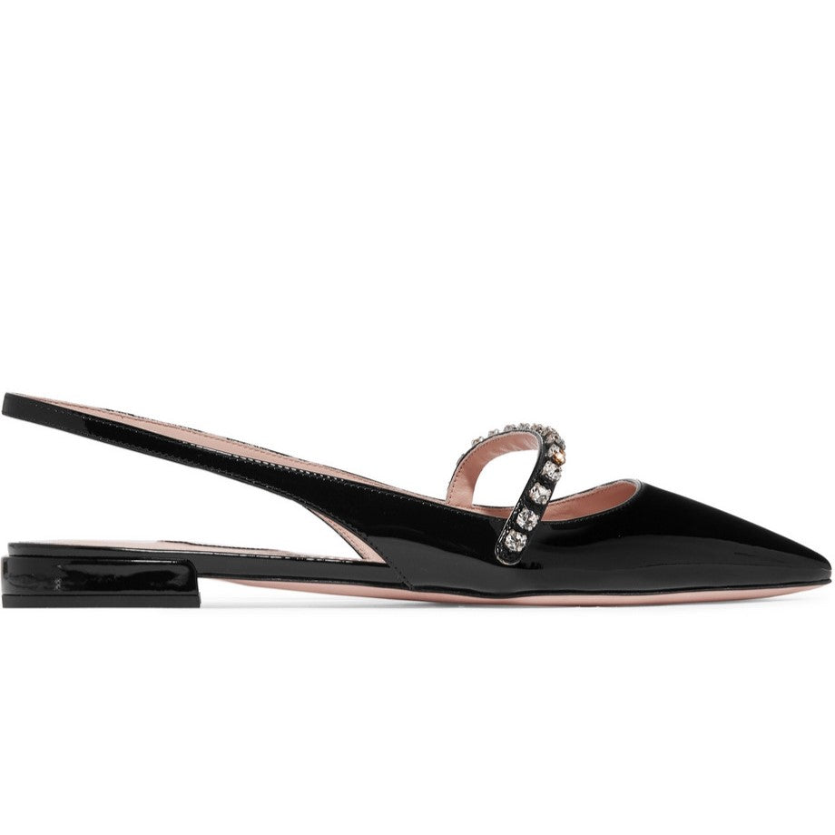 Black Pointed Toe Rhinestone Embellished Slingback Flats for Women