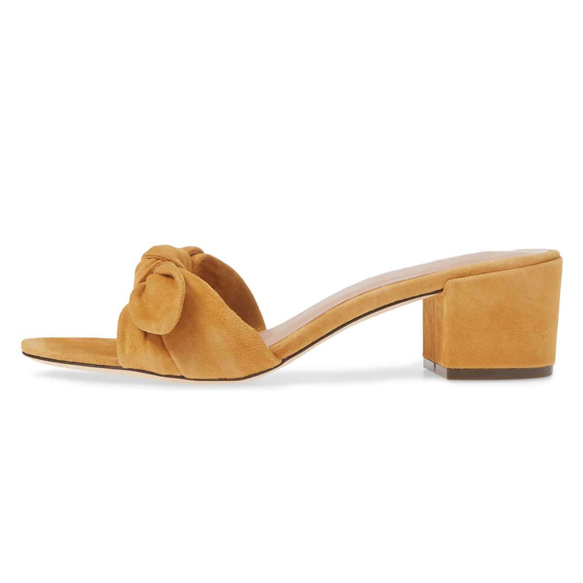 Yellow Vegan Suede Block Heel Knotted Mules for Women