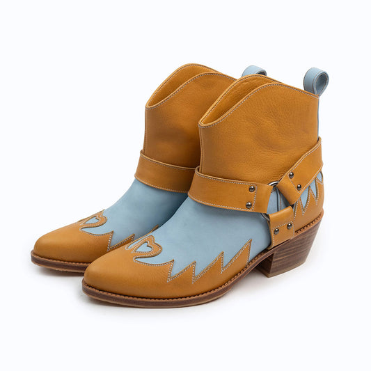 Yellow & Blue Pointed Toe Studded Ankle Cowgirl Boots for Women