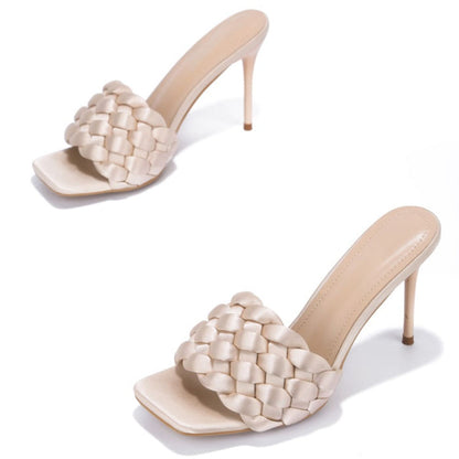 FSJ Nude Woven Strap Open Square Toe Stiletto High Heel Mules