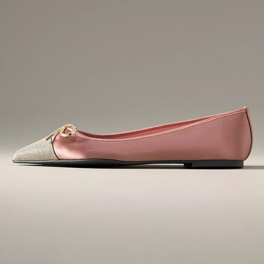 Stylish Pink Satin Glitter Cap Toe Flats with Rhinestone Bow