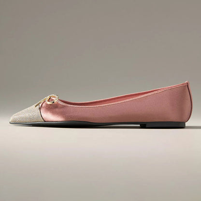 Stylish Pink Satin Glitter Cap Toe Flats with Rhinestone Bow