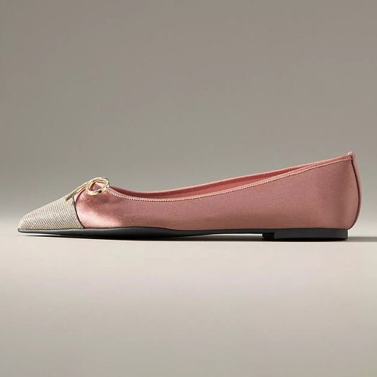 Stylish Pink Satin Glitter Cap Toe Flats with Rhinestone Bow