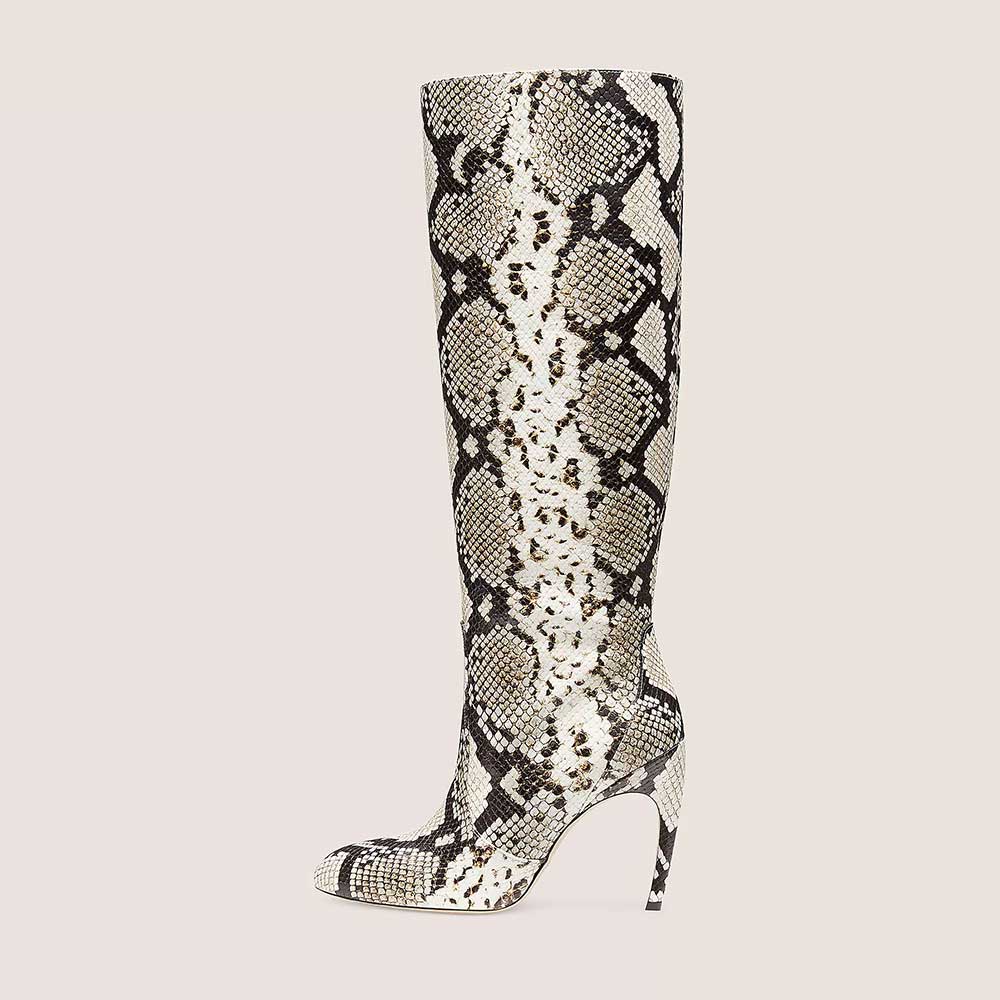 Gray Snakeskin Pointed Toe 4'' Stiletto Heel Wide Calf Knee High Boots