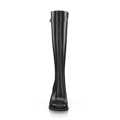 Black Round Toe Gold Metal Buckle Knee High Boots with Block Heels