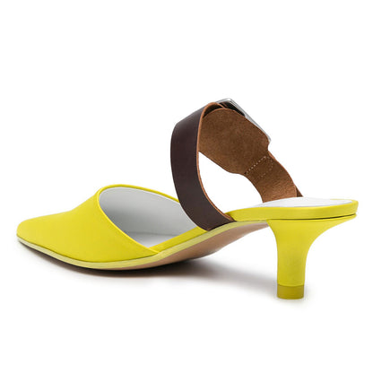 Yellow Slip-On Buckle Strap Kitten Heel Mule Shoes for Women
