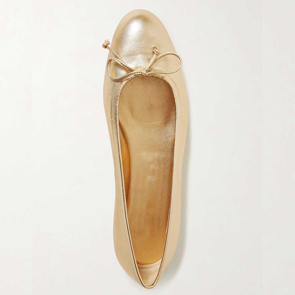 Gold Vegan Leather Round Toe Slip-On Ballet Flats with Bow