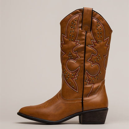 Brown Cowgirl Boots Studs Low Heel Mid Calf Boots