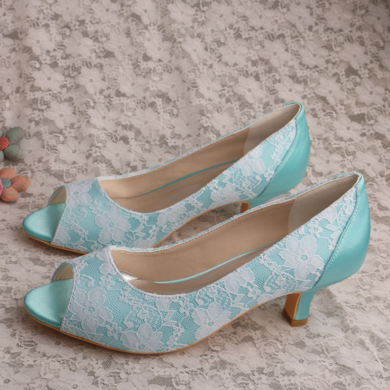 Turquoise Satin Peep Toe Wedding Shoes Elegant Lace Pumps Heels