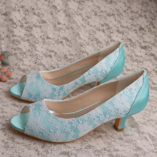 Turquoise Satin Peep Toe Wedding Shoes Elegant Lace Pumps Heels