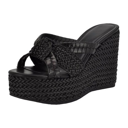 Chic Black Woven Open Round Toe Knot Wedge Heel Platform Mules