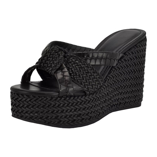 Chic Black Woven Open Round Toe Knot Wedge Heel Platform Mules
