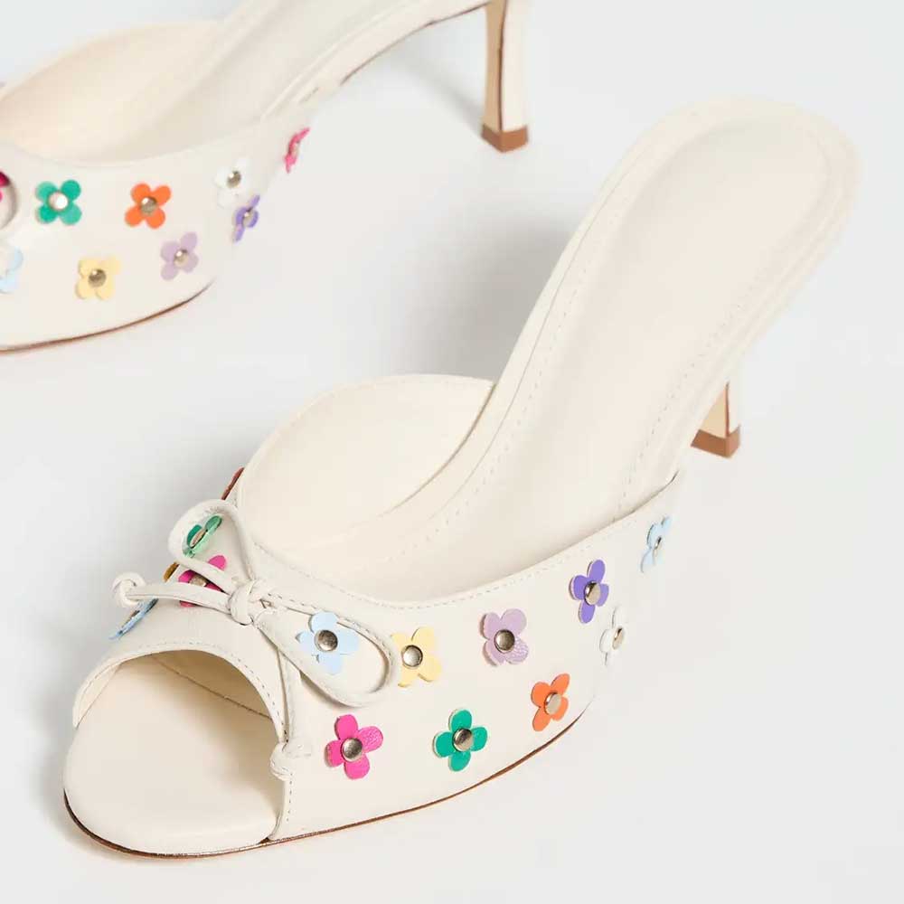 Beige Bow Decor Peep Toe Floral Studded Spool Heel Mules Shoes