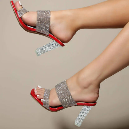 Women's Rhinestone Double-Strap Clear Heel Mules Sandals in Red