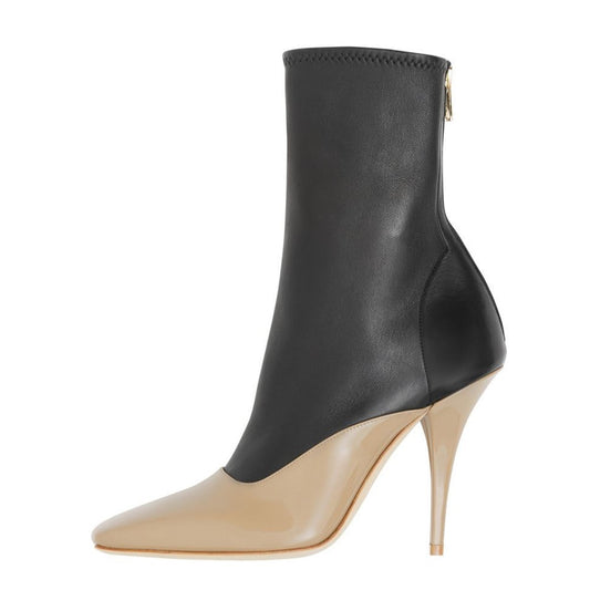 Black and Nude Patent Leather Cone Heel Ankle Boots