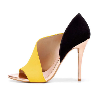 Yellow and Black Open Toe Cut Out Stiletto Heels Pumps