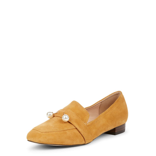 Mustard Square Toe Loafers for Women Comfortable Flats with Pearl
