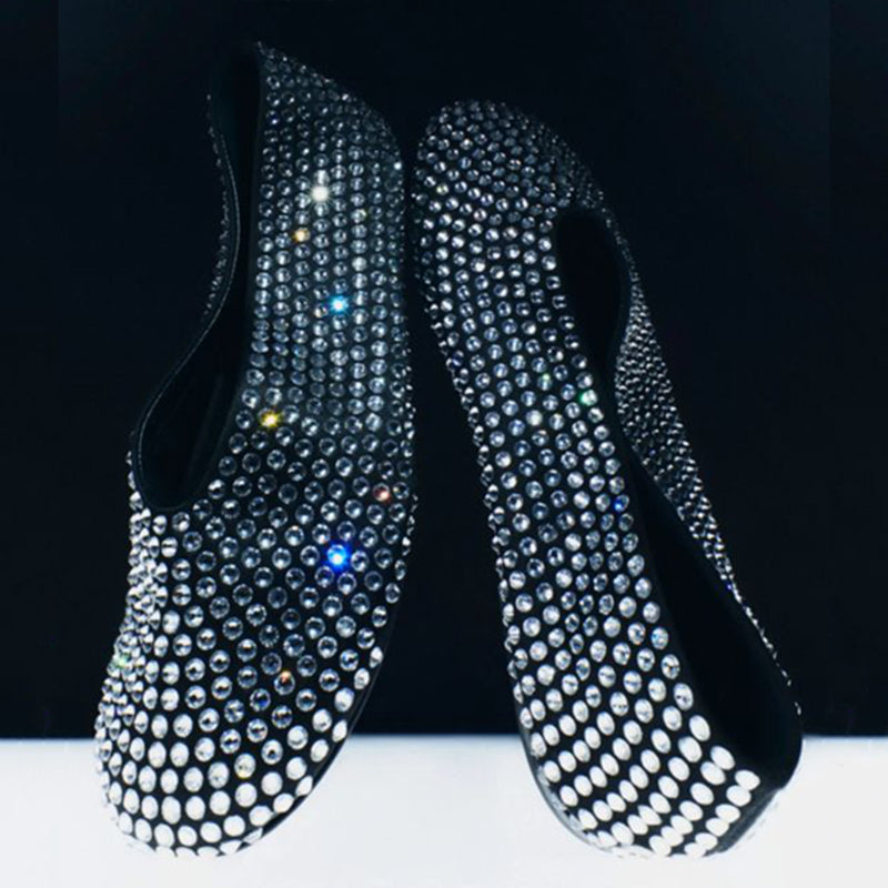 Black Round Toe Rhinestone Embellished Sparkly Flats for Women