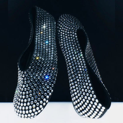 Black Round Toe Rhinestone Embellished Sparkly Flats for Women