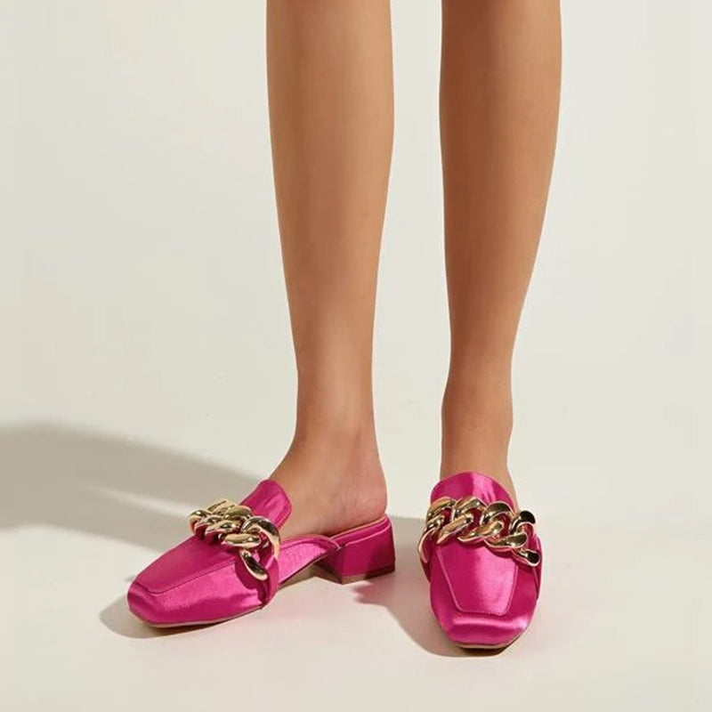 Hot Pink Block Heel Square Toe Chain Buckled Mule Loafers for Women