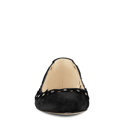 Black Vegan Suede Hollow Out Studded Pointed Toe Flats for Women