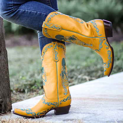 Yellow Chunky Heel Skeleton Embroidered Cowgirl Boots for Women