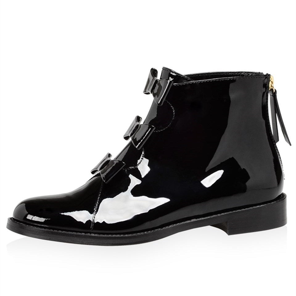 Black Patent Leather Bow Flat Ankle Boots