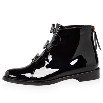 Black Patent Leather Bow Flat Ankle Boots