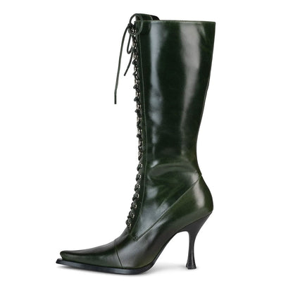 Dark Green Pointed Toe Tie-Up Spool Heel Zipper Mid Calf Boots