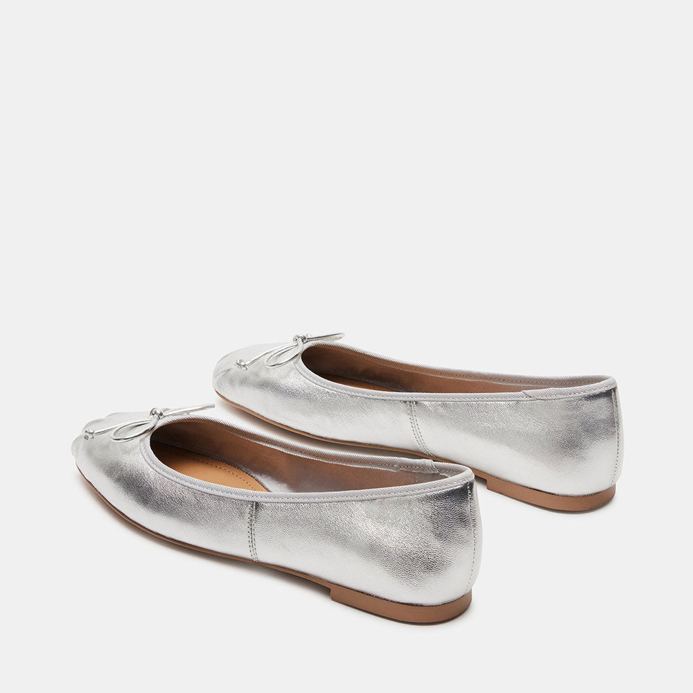 Stylish Silver Metallic Bow Embellished Square-Toe Ballet Flats
