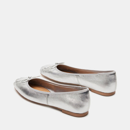 Stylish Silver Metallic Bow Embellished Square-Toe Ballet Flats