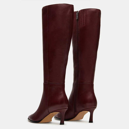 Maroon Vegan Leather Pointed Toe Kitten Heel Zipper Knee High Boots