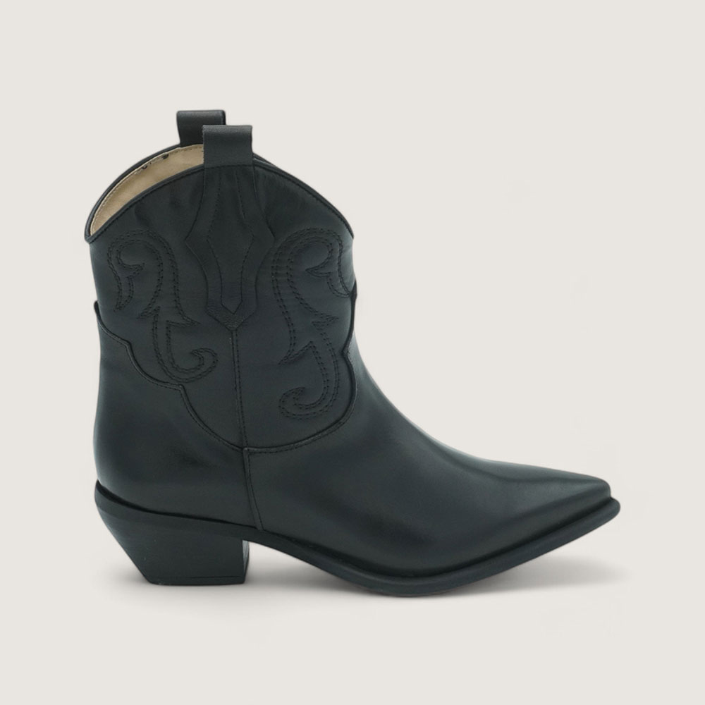 Black Pointed Toe Chunky Heel Embroidered Cowgirl Ankle Boots for Women