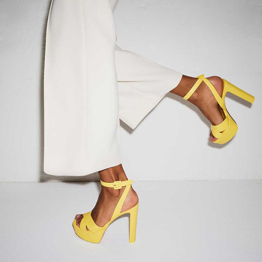 Yellow Round Toe Chunky Heel Buckle Ankle Strap Platform Sandals