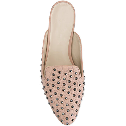 Beige Vegan Leather Closed Toe Flat Mules with Studs