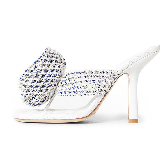 White Square Toe Crochet Rose Strap Stiletto Heel Mules Sandals