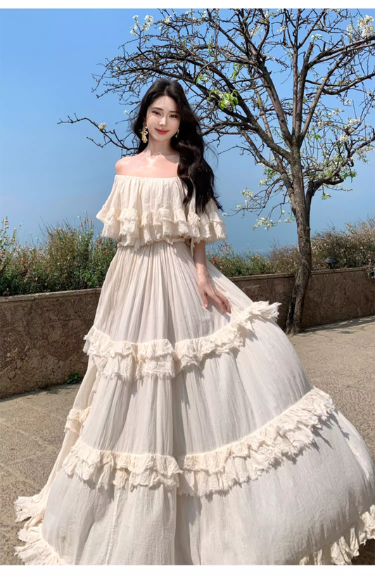 Vintage Ivory Strapless Ruffled Hem Design Elegant Beach Holiday A-Line Summer Dress TP4250