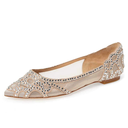 Elegant Mesh Slip-on Low Heels Pointed Toe Rhinestone Ballet Flats
