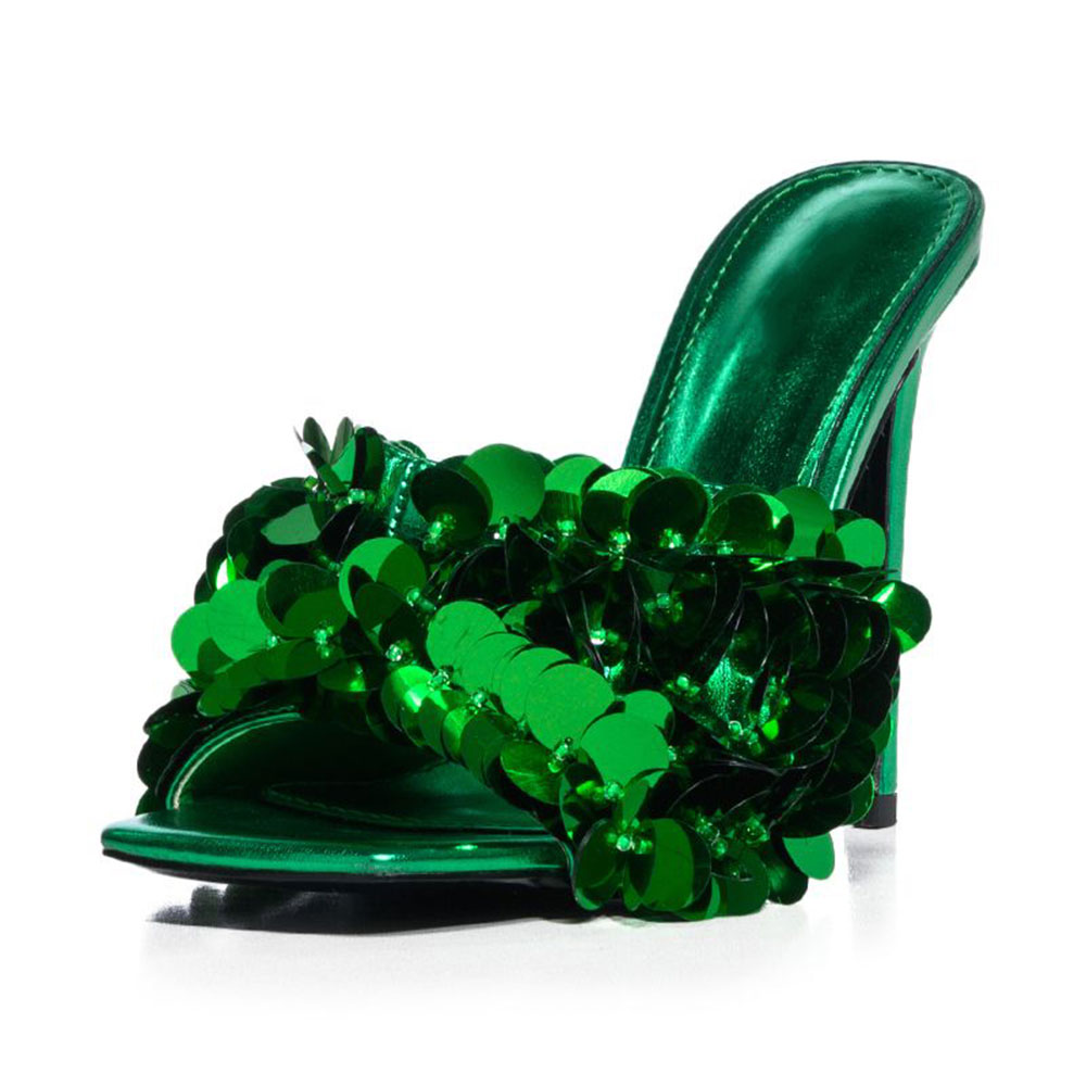 Women's Green Party Sandals Square Toe Sparkly Sequin High Heel Mules