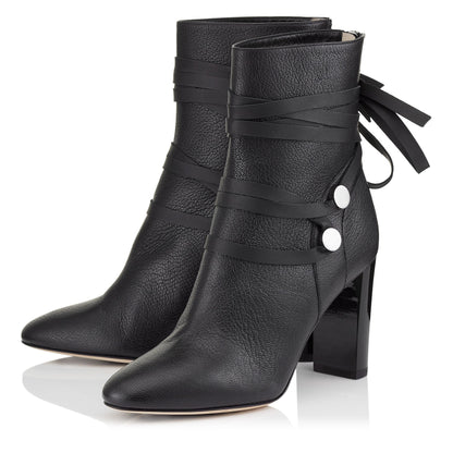 Black Round Toe Decorative Strappy Chunky Heel Ankle Boots