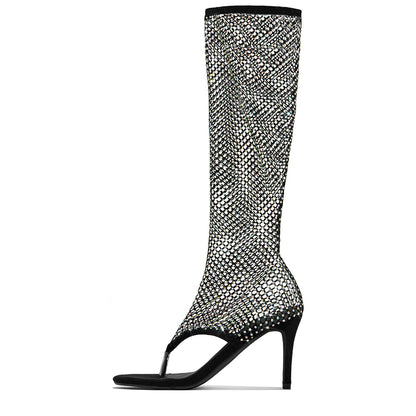Black Rhinestones Elegant Stiletto Heel Nets Knee High Boots