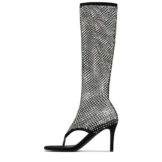 Black Rhinestones Elegant Stiletto Heel Nets Knee High Boots