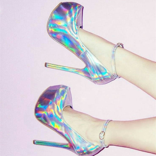 Women's Holographic Stiletto Heel Ankle Strap Platform Pumps